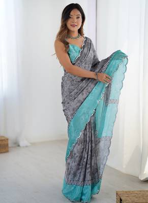 grey heavy chiffon mirror work saree 2
