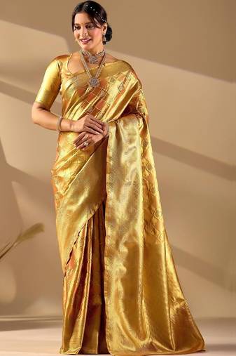 Gold silk blend woven design saree with blouse