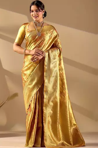 Gold silk blend woven design saree with blouse
