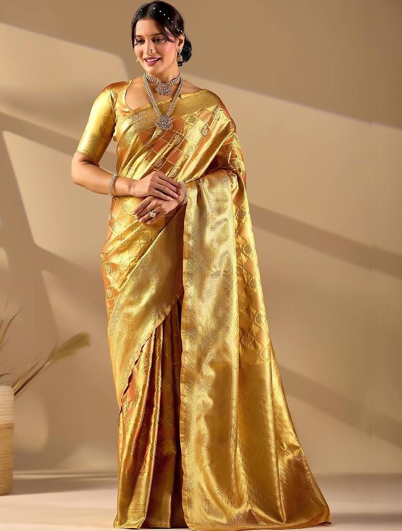 Gold silk blend woven design saree with blouse