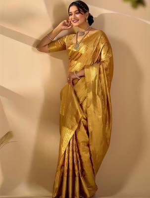 Gold silk blend woven design saree with blouse 2