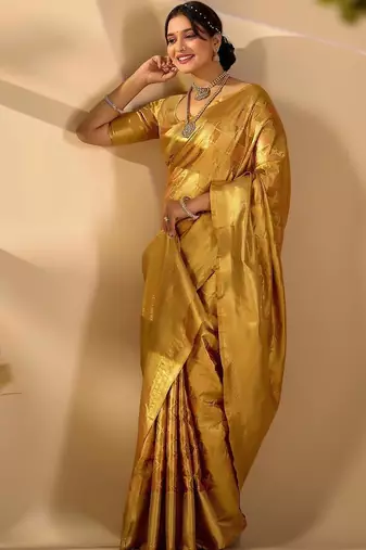 Gold silk blend woven design saree with blouse