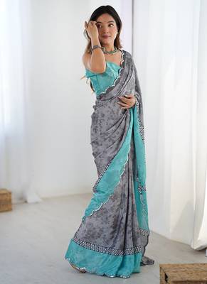 grey heavy chiffon mirror work saree 3