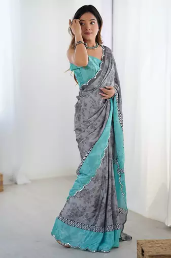 grey heavy chiffon mirror work saree