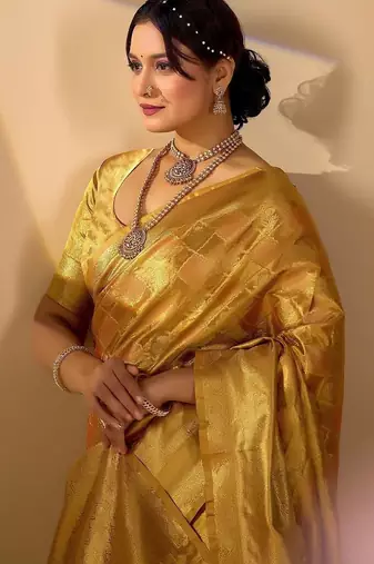 Gold silk blend woven design saree with blouse