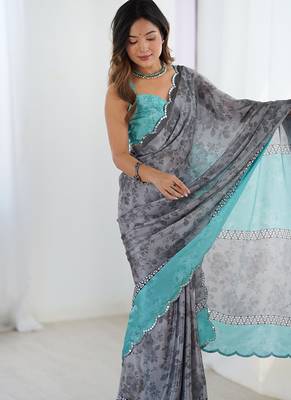 grey heavy chiffon mirror work saree 4
