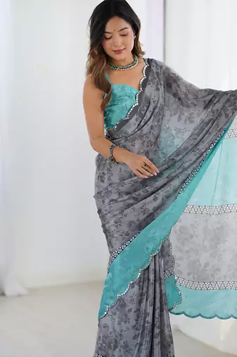 grey heavy chiffon mirror work saree