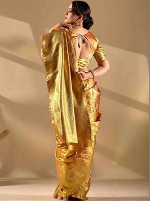 Gold silk blend woven design saree with blouse 4