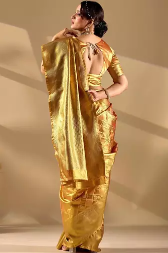 Gold silk blend woven design saree with blouse
