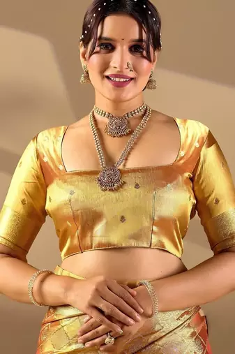 Gold silk blend woven design saree with blouse