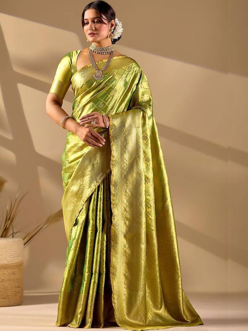 Lime silk blend woven design saree with blouse
