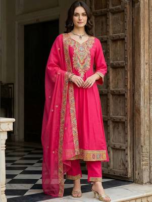 Women Ethnic Motifs Embroidered Regular Kurta with Trousers & With Dupatta 1