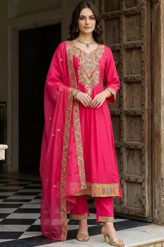 Women Ethnic Motifs Embroidered Regular Kurta with Trousers & With Dupatta