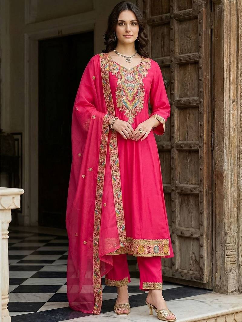 Women Ethnic Motifs Embroidered Regular Kurta with Trousers & With Dupatta