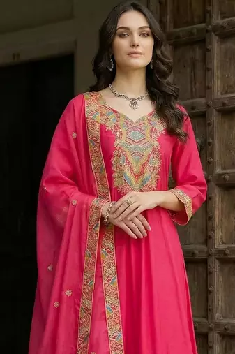 Women Ethnic Motifs Embroidered Regular Kurta with Trousers & With Dupatta