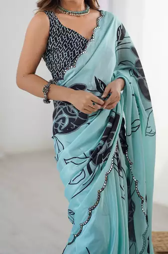 aqua blue heavy chiffon mirror work saree