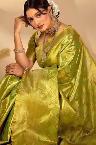 Lime silk blend woven design saree with blouse