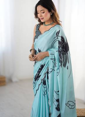 aqua blue heavy chiffon mirror work saree 5