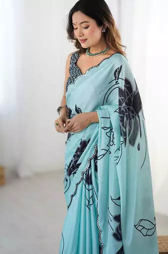 aqua blue heavy chiffon mirror work saree