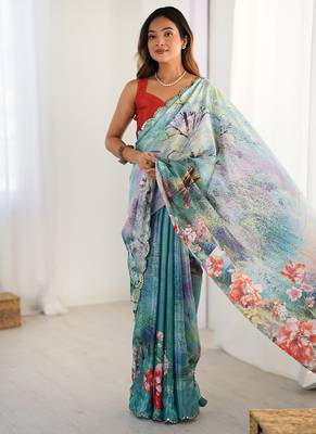turquoise heavy chiffon mirror work saree 1