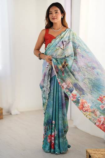 turquoise heavy chiffon mirror work saree
