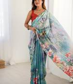 turquoise heavy chiffon mirror work saree