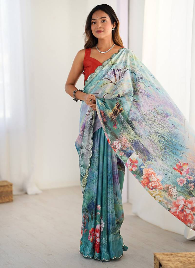 turquoise heavy chiffon mirror work saree