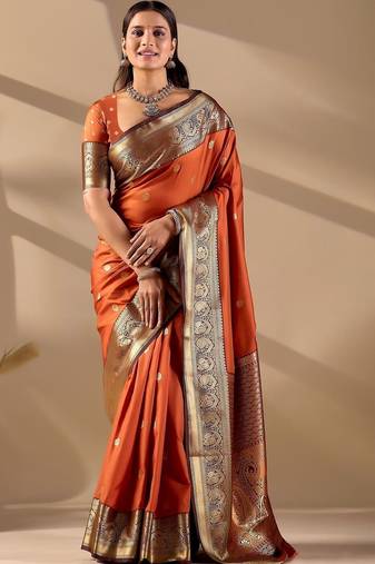 Orange silk blend woven design saree with blouse