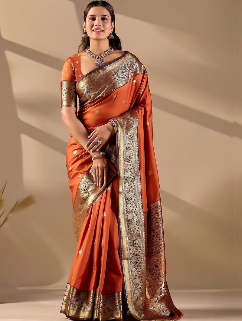Orange silk blend woven design saree with blouse