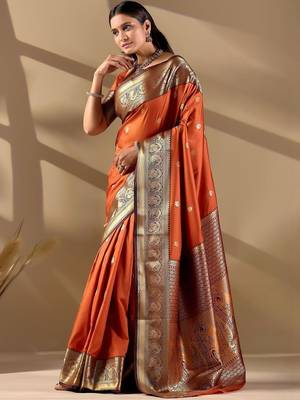 Orange silk blend woven design saree with blouse 2