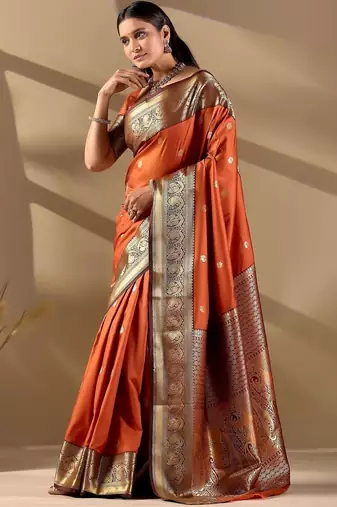 Orange silk blend woven design saree with blouse
