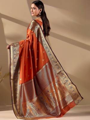 Orange silk blend woven design saree with blouse 3