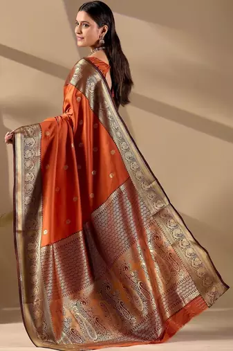 Orange silk blend woven design saree with blouse