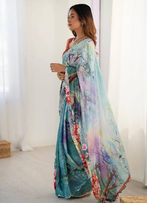 turquoise heavy chiffon mirror work saree 3