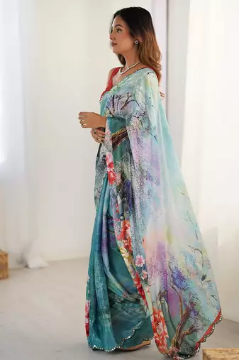 turquoise heavy chiffon mirror work saree