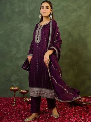 Women Ethnic Motifs Embroidered Regular Thread Work Kurta with Trousers & With Dupatta 1