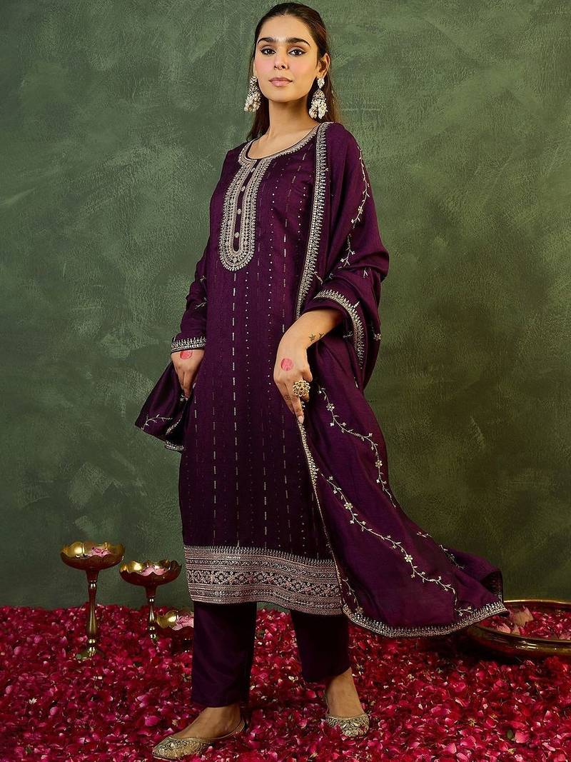 Women Ethnic Motifs Embroidered Regular Thread Work Kurta with Trousers & With Dupatta