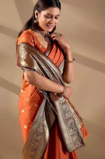 Orange silk blend woven design saree with blouse