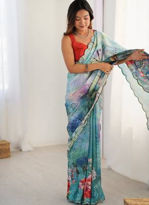 turquoise heavy chiffon mirror work saree 4