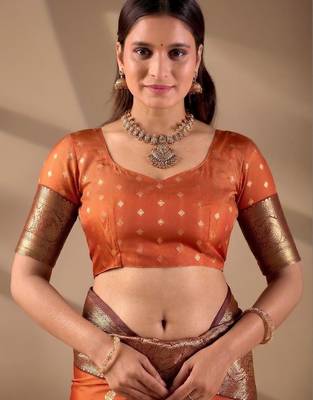 Orange silk blend woven design saree with blouse 5