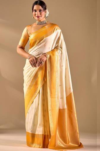 Off white silk blend woven design saree with blouse
