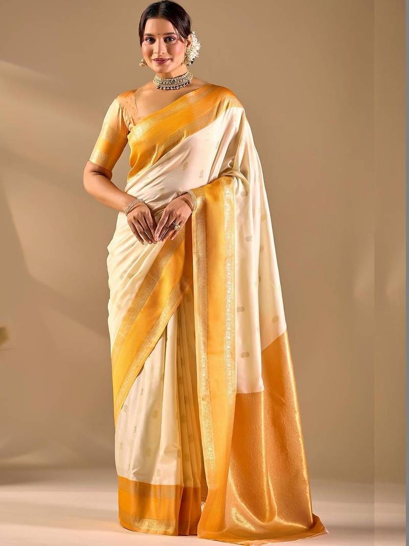 Off white silk blend woven design saree with blouse