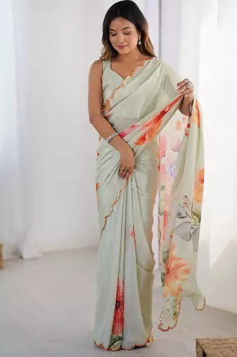 pastel heavy chiffon mirror work saree