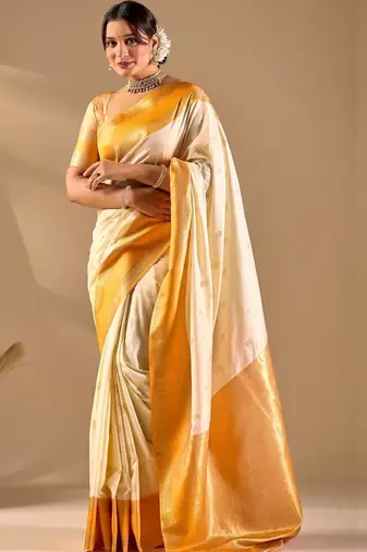 Off white silk blend woven design saree with blouse