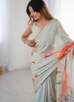 pastel heavy chiffon mirror work saree 3