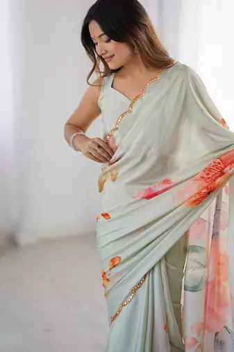 pastel heavy chiffon mirror work saree