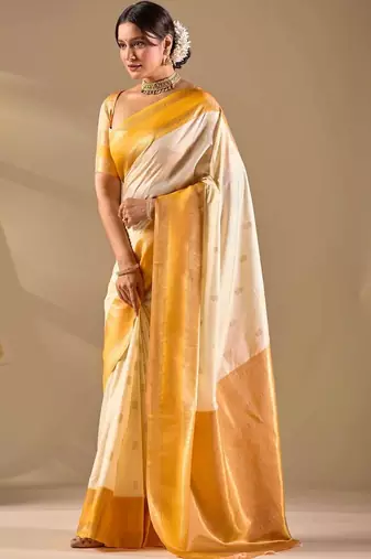 Off white silk blend woven design saree with blouse