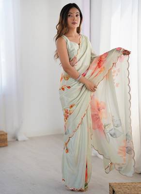 pastel heavy chiffon mirror work saree 4