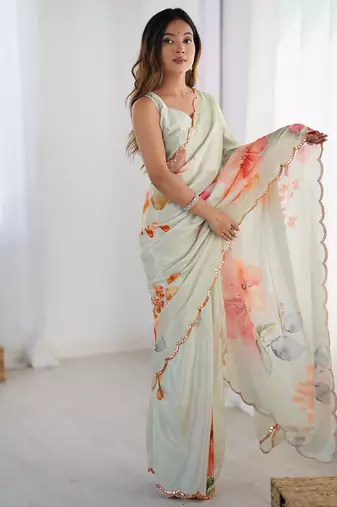 pastel heavy chiffon mirror work saree