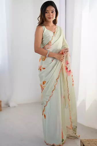 pastel heavy chiffon mirror work saree